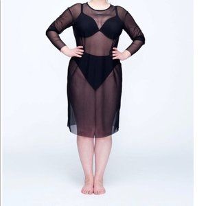 Universal Standard black sheer mesh Thames Fog dress with bell sleeves